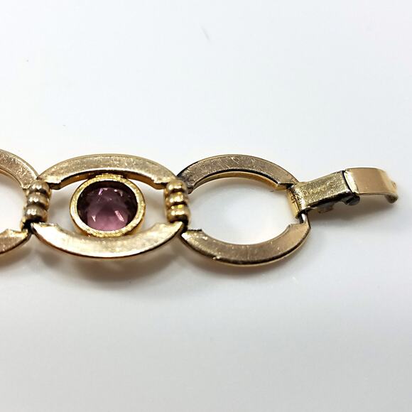Vintage Simmons Bracelet Purple Glass Gold Tone Links 1920 1940 Egyptian Revival - Picture 6 of 10